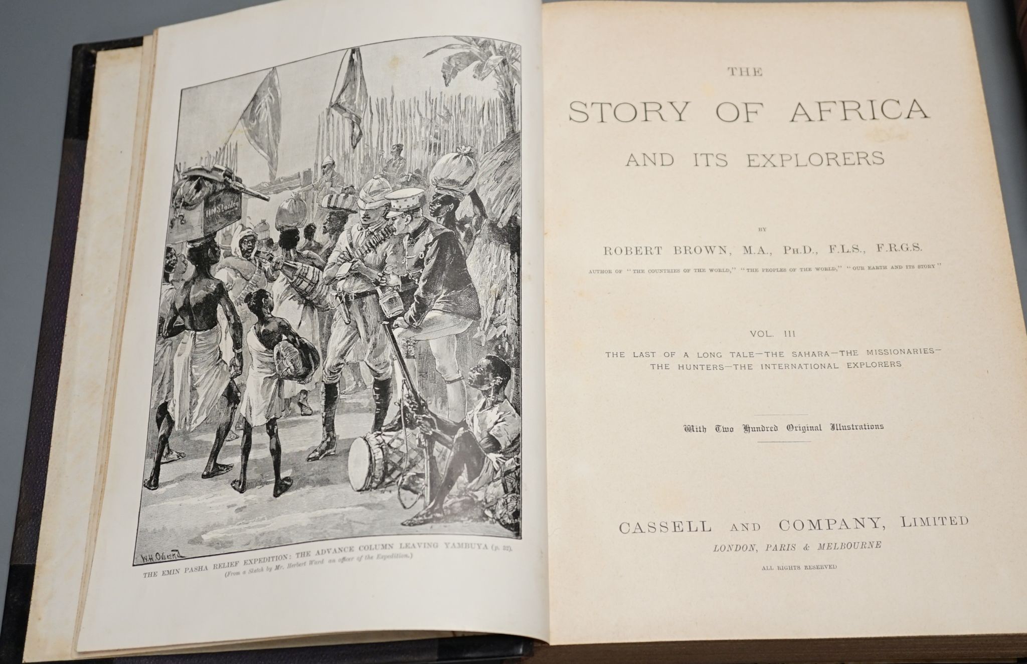 Brown, Robert - The Story of Africa and its Explorers. 4 vols. (in 2). num. plates and other engraved illus., half titles; contemp. half calf and cloth, gilt and blind decorated spines, with red labels, 4to. (ca.1895); t